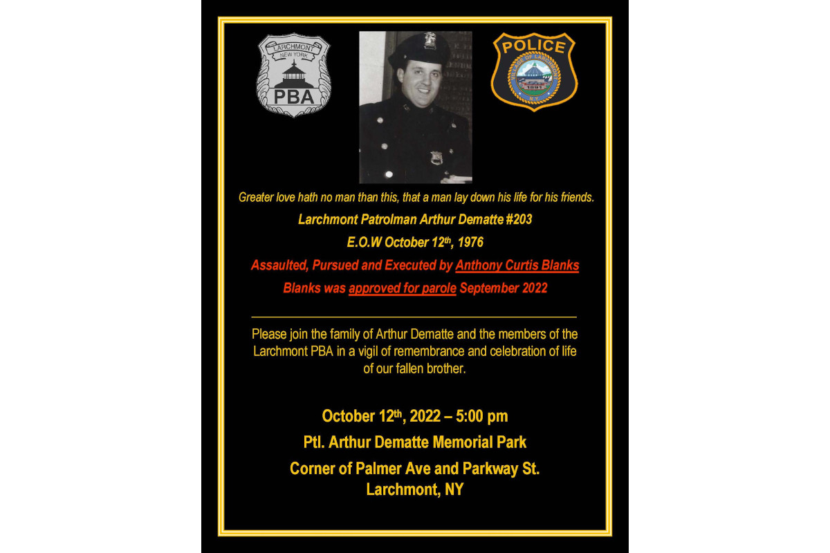 The family of Patrolman Arthur Dematte and the members of the Larchmont PBA held a vigil of remembrance Wednesday night. Dematte's killer has been paroled but not yet released. (Photo: Larchmont PBA/Facebook)