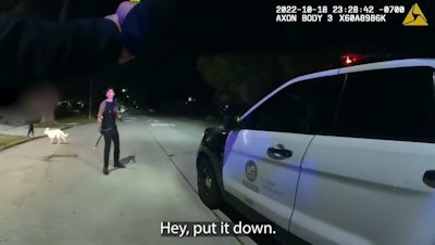 The LAPD released body-worn camera footage of when an officer deployed his taser to stop a man armed with swords Tuesday night.