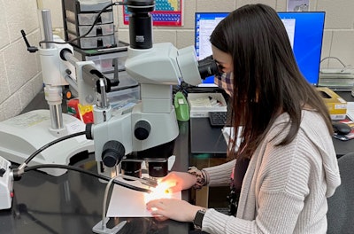 A GBI trace evidence scientist uses a microscope to view paint samples.