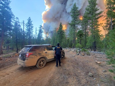 An officer with the Paradise Police Department stands beside a parked patrol vehicle and looks upon towering flames of wildfire.