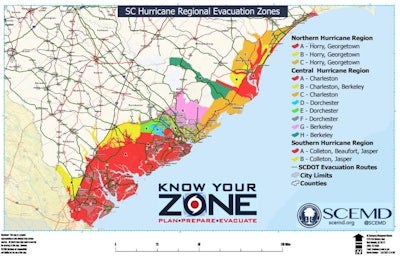 Coastal South Carolina is divided into four evacuation zones with all routes leading to I-20.