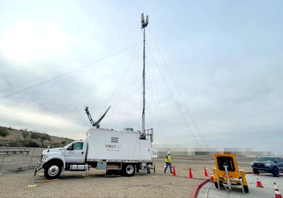 A FirstNet SatCOLT (Satellite Cell on Light Truck) is ready on hot standby for public safety during Super Bowl week.