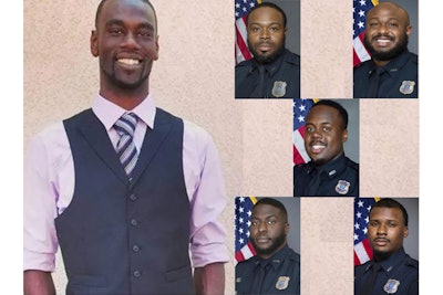 Tyre Nichols (left) in a portrait provided by family to the media alongside department portraits of the five Memphis police officers faced with charges of aggravated assault, aggravated kidnapping, official misconduct, official oppression, and second-degree murder in his January 2023 death.