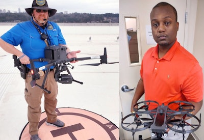 Sgt. Matt Murray, a rooftop pilot, is shown above left with a DJI Matrice 300 RTK. Lt. Abrem Ayana, above right, holds a Lemur S by Brinc Drones, one of many non-DFR drones in the fleet.