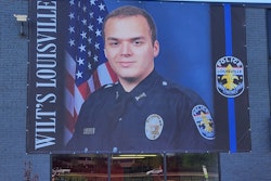 The location for the banner honoring critically wounded Officer Nickolas Wilts was chosen for its visibility. Wilts was shot in the head responding to an active shooter two weeks ago at a downtown bank.
