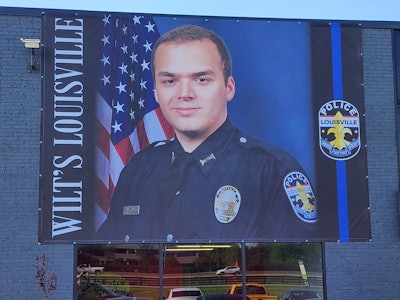 The location for the banner honoring critically wounded Officer Nickolas Wilts was chosen for its visibility. Wilts was shot in the head responding to an active shooter two weeks ago at a downtown bank.