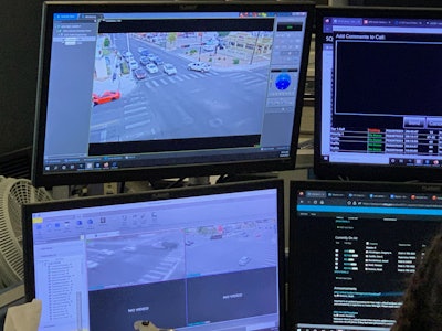Multiple displays running Genetec's Citigraf. The real-time crime center solution allows multiple data sources, such as video, ALPR, and shot sensors, to display on the same screen.