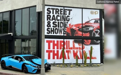 The California Highway Patrol is hoping to discourage street racing and sideshows with outdoor advertising like this wrecked super car installation in Los Angeles.