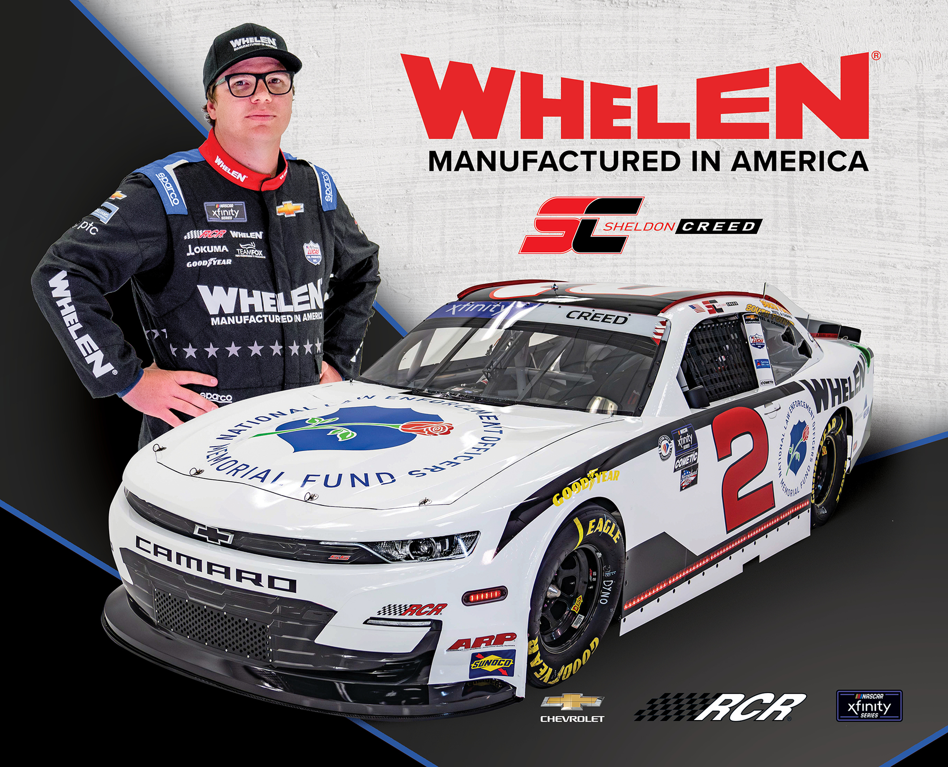 The paint scheme for Sheldon Creed's Camaro sponsored by Whelen Engineering honored fallen officers at Monday's NASCAR Xfinity Series race at the Charlotte Motor Speedway.