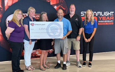 Streamlight recently presented a check for $144,500 to Concerns of Police Survivors (C.O.P.S) to assist survivors of fallen officers. Pictured left to right: C.O.P.S. Past National President Madeline Neumann; C.O.P.S Executive Director Dianne Bernhard; C.O.P.S. National President Patricia Carruth; Streamlight Board of Directors member Clayton French; Streamlight Sales Manager Brett Marquardt, and C.O.P.S Director of Development Lauren Crisman.