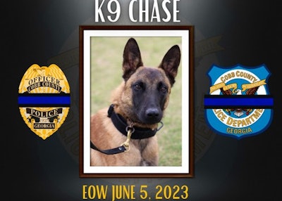 Cobb County, GA, Police K-9 Chase died Monday after overheating in a police vehicle. The air conditioning apparently failed.