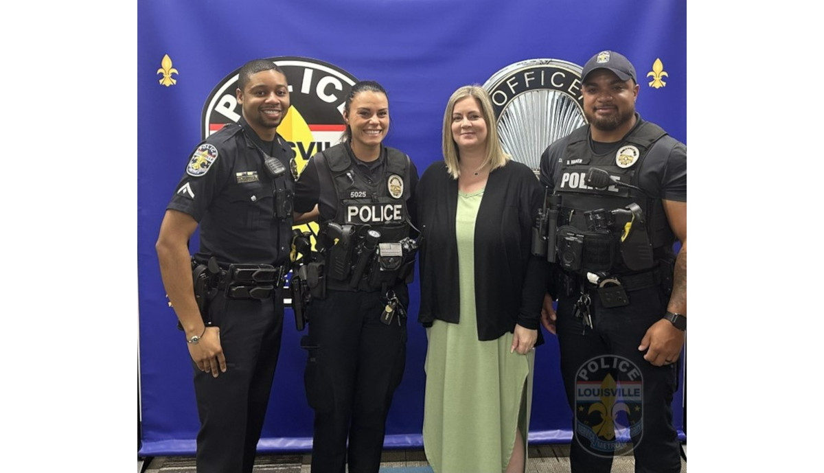 Dallas Schwartz, the first person wounded in the April bank shooting, Thursday visited with the Louisville Metro Police Department officers who rendered aid to her that day.
