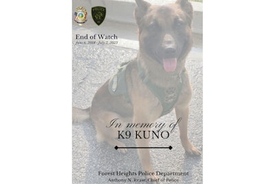 K-9 Kuno of the Forest Heights (MD) Police Department died Sunday after suffering a medical emergency during a search.
