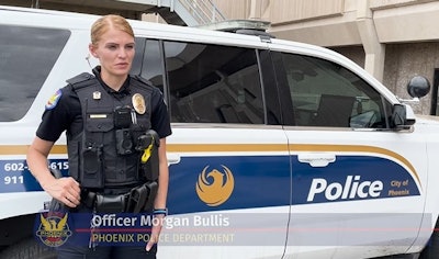 Phoenix Officer Morgan Bullis returned to duty Monday. She was shot in the hip during an ambush in March.