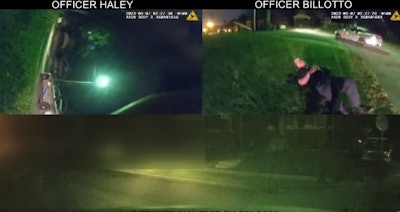 Multi-body camera view shows Officer Brandon Haley wounded on the ground and Officer Colin Billotto coming to his aid. Haley was hit by gunfire from a residence during a Sept. 7 ambush.