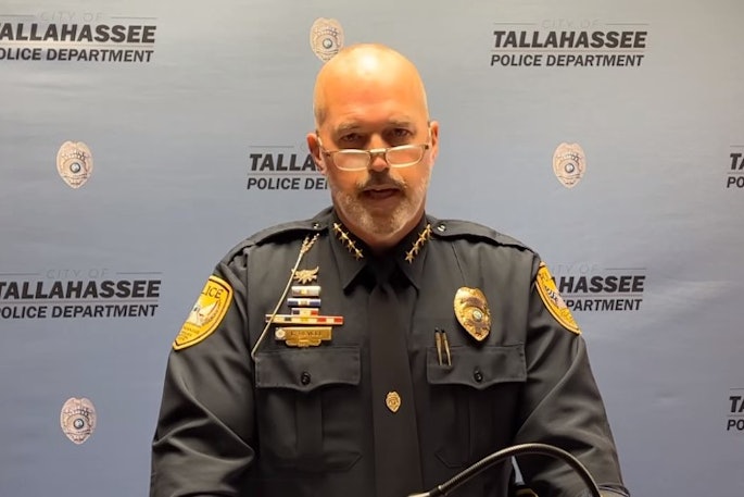 Chief Lawrence Revell of the Tallahassee Police Department addresses the media after one of his officers was shot and seriously wounded early Monday.