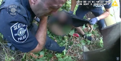 Seattle officer reacts to a yellowjacket sting during an August arrest.