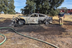 The stolen CHP patrol vehicle crashed into a truck and burned.