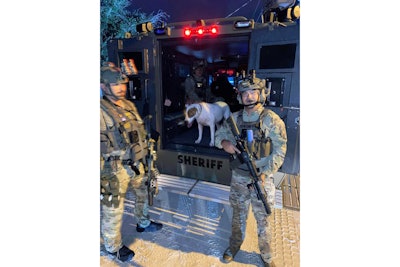 Martin County Sheriff's Office SWAT deputies hanging out with Bear. The dog fled a house full of suspects and jumped into the team's BearCat while the deputies served a search warrant.
