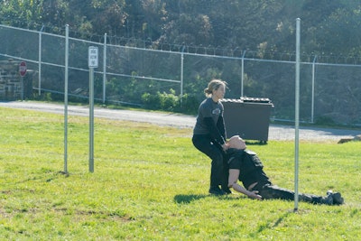 Officer Caitlyn Stallings of the Lancaster Bureau of Police demonstrates dragging a 150-pound dummy as required in the agency's new agility test.