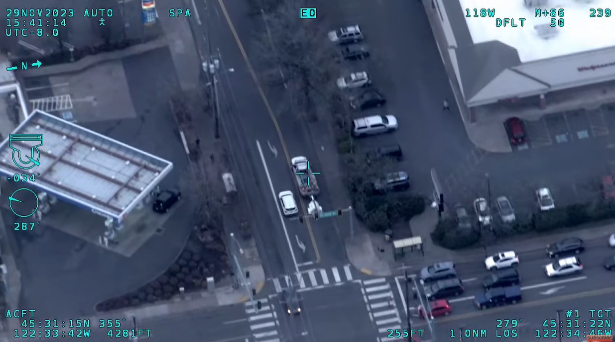 Screen shot from aircraft video of stolen vehicle speeding through Portland. Police did not pursue. But they follow the vehicle by air, and the suspect was arrested.