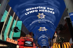 The canopy at the Fremont Street Experience in downtown Las Vegas featured a message of support for local officers.