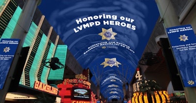 The canopy at the Fremont Street Experience in downtown Las Vegas featured a message of support for local officers.