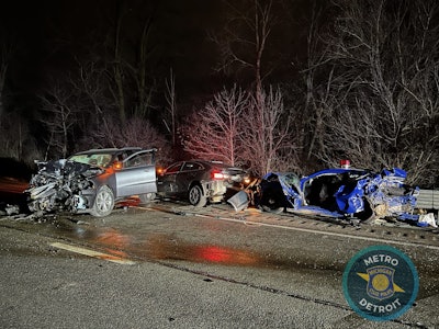 Michigan State Police said a 16-year-old driver hit the rear of a trooper's patrol vehicle and pushed it into the prisoner's vehicle in the Wednesday night crash.