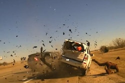 Trooper Jesse Gregory of the Oklahoma Highway Patrol somehow managed to escape serious injury during this scary traffic stop crash.