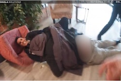 The officer is pinned under the suspect as he fights for her gun, gets it, and fires a shot striking the officer in the leg.