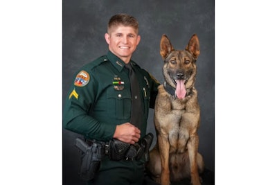 Marion County, Florida, Sheriff's K-9 Leo with his handler Corporal Justin Tortora. Leo was mortally wounded in a shooting Saturday.