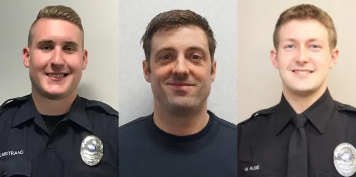 From left: Officer Paul Elmstrand, Firefighter Adam Finseth, and Officer Matthew Ruge. All three were killed responding to a domestic early Sunday morning.