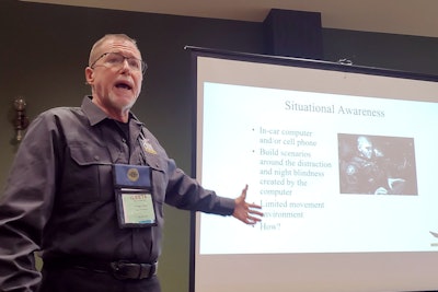 Retired Lt. Pete Ebel talks about how to train officers to be prepared for an ambush while leading a session at ILEETA’s annual conference in St. Louis, Missouri.