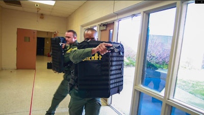 Deputies conducting school shooter response training with the Stop Stick Bonowi FlexShield.