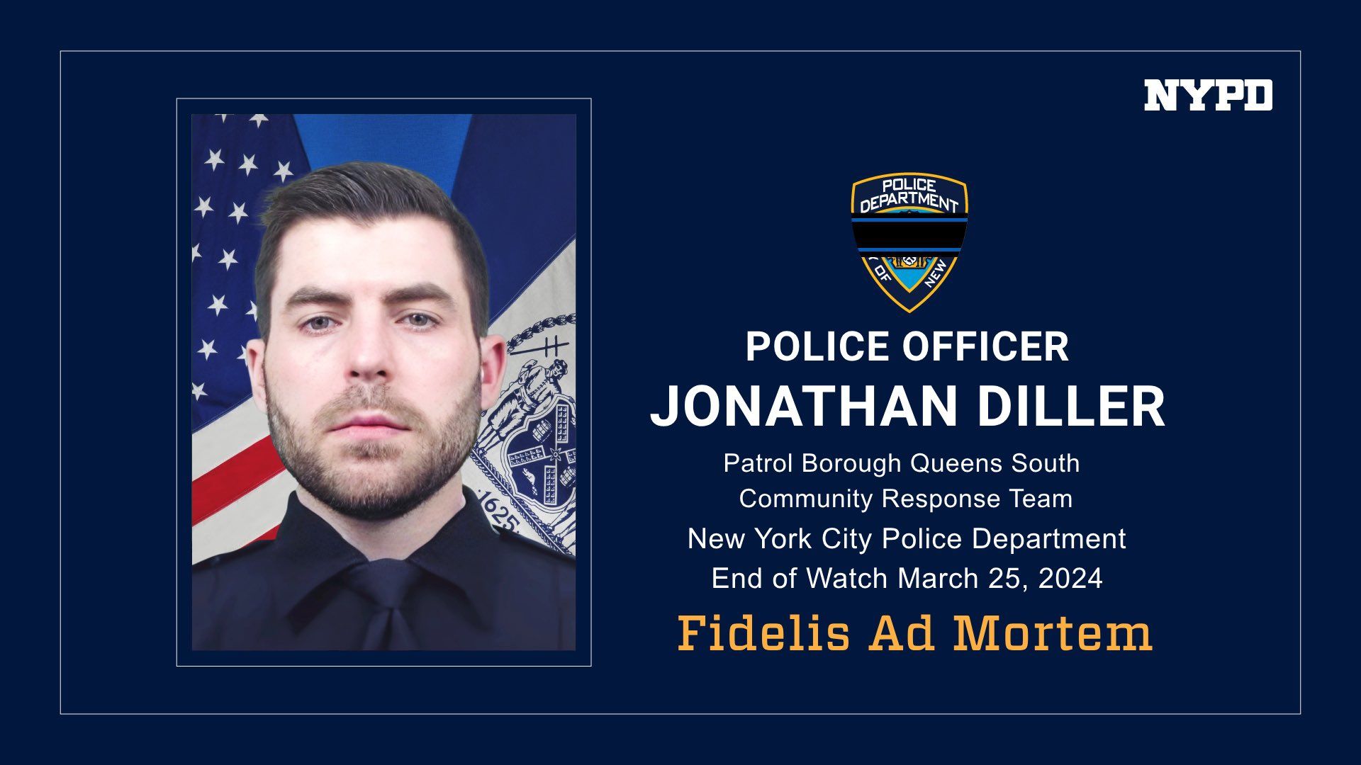 NYPD Officer Jonathan Diller was shot and killed during a traffic stop Monday evening.