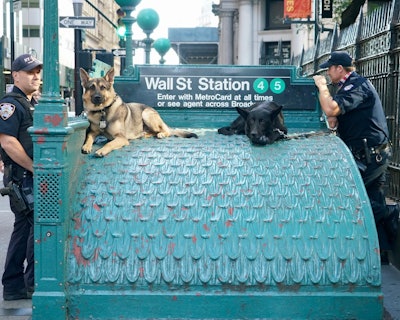 NYPD Transit Bureau Officers with their K-9 partners.