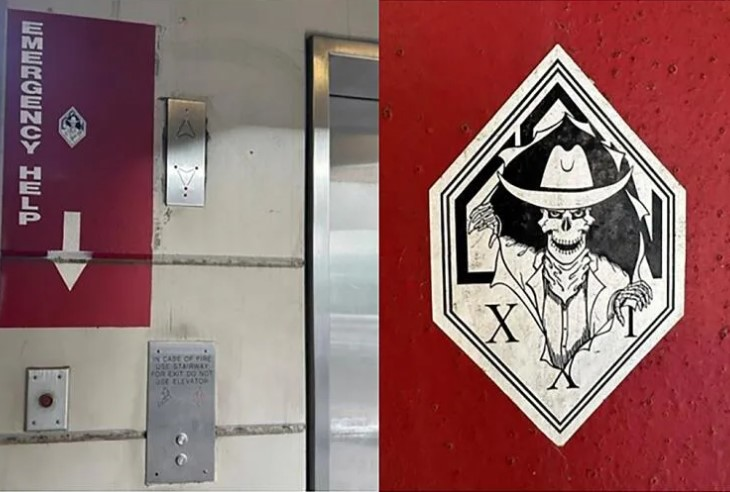 The Regulators are a Los Angeles County Sheriff's deputy subgroup--often called a 'gang'--whose logo allegedly depicts a skeleton in a cowboy hat, as seen here outside the Lynwood jail.