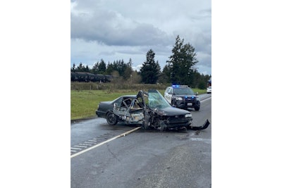 The aftermath of a wrongway crash during a vehicle pursuit Sunday in Thurston County, Washington. The pursued driver was a suspect in a shooting.