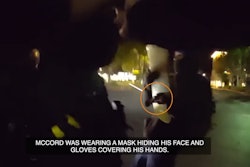 Screen shot from Carlsbad Police video showing how a skateboard wielding suspect attacked an officer from behind.