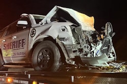 Patrol vehicle of Sergeant John O'Hern is removed from the accident scene. The Washington Parish Sheriff's Office deputy was seriously injured in the Thursday night crash.