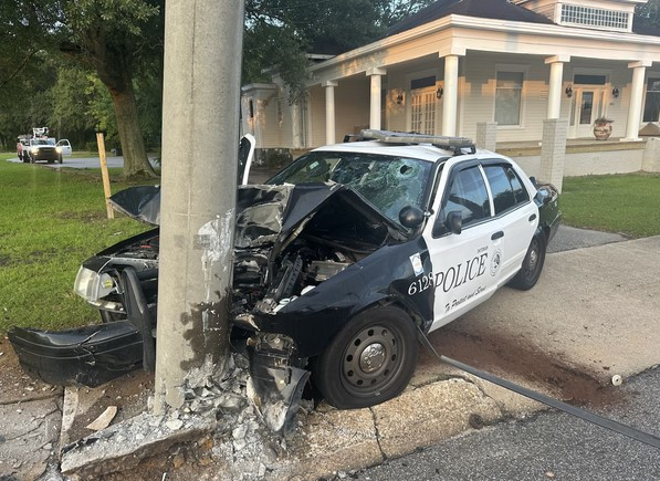A Dothan, Alabama, Police officer was seriously injured in this crash Tuesday. The vehicle was totaled.