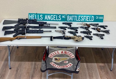 Weapons and regalia seized by law enforcement during arrests of Hells Angels members in Bakersfield, California.