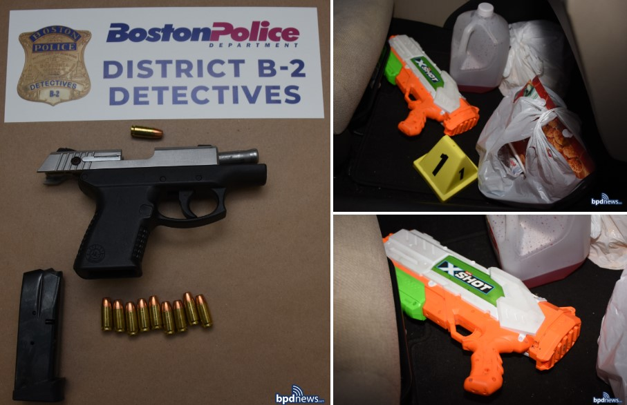 Boston Police say officers recovered a real gun and a squirt gun after an officer was sprayed with liquid during a drive-by.