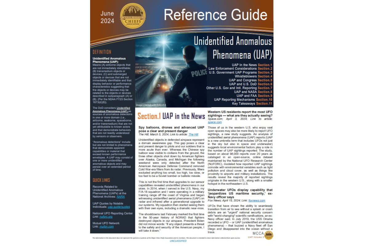 Major City Chiefs has issued a guide on how law enforcement should document unexplained phenomena and UFOs.