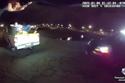 The man identified by police as Chandler Grillone jumped into the back of a pickup truck after the officer ordered him onto the ground.