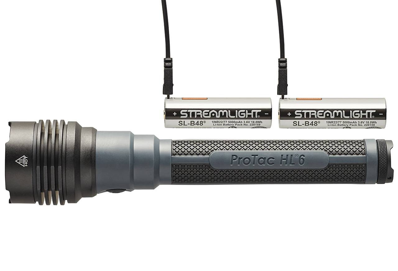 The Streamlight ProTac HL 6 is powered by two Streamlight SL-B48 lithium ion USB-C rechargeable batteries.