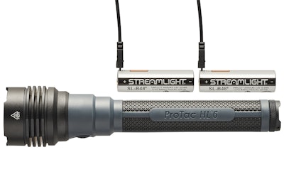 The Streamlight ProTac HL 6 is powered by two Streamlight SL-B48 lithium ion USB-C rechargeable batteries.