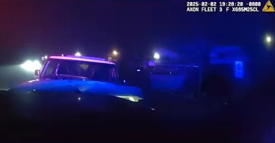 A screen shot from a Grover Beach, California, Police dash camera show a truck impacting head-on with a patrol vehicle.