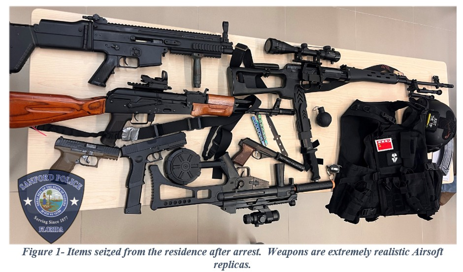 Replica firearms taken from the home of a 17-year-old suspect in Sanford, Florida. The teen has been charged with making threats against a local school.