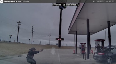 Officer aims at robbery suspect during Feb. 6 shootout.